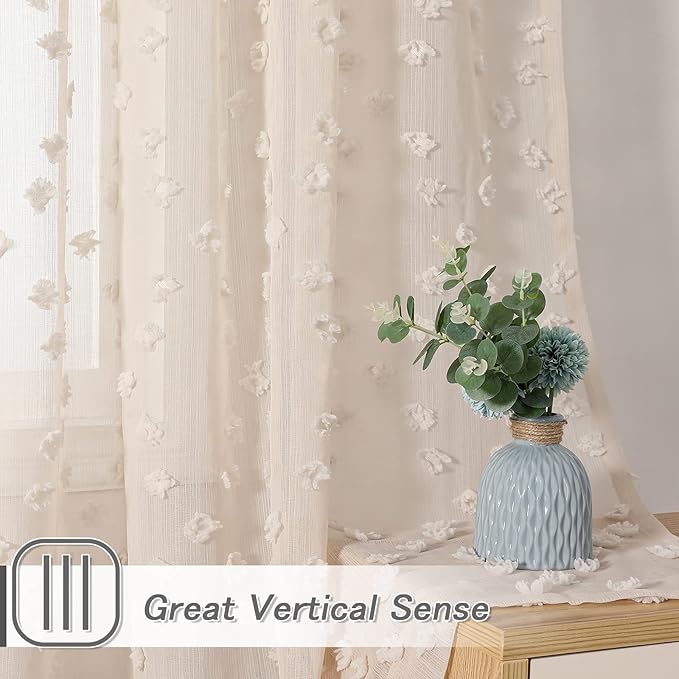 MYSKY HOME Beige Sheer Short Curtains with Pom Pom for Small Windows Bedroom Nursery Kids Girls Room Curtains Cafe Kitchen Light Filtering Boho Drapes, Rod Pocket,52 x 54 Inches, 2 Panels