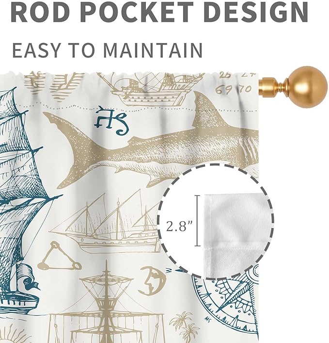 Vintage Nautical Curtains, Marine Coastal Sailboat Compass Anchor Ocean Beach Whale Old Pirate Map Decorative Drapes for Bedroom Living Room Kitchen Bathroom Window 2 Panels Set, 84"x63" Inch