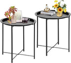 VECELO Side/End Table, Folding Round Metal Anti-Rust and Waterproof Outdoor or Indoor Tray for Living Room Bedroom Balcony and Office, 2 PCS, Black