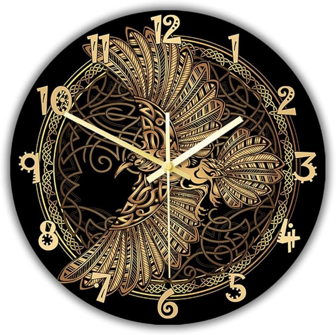 15 Inch Scandinavian Tattoo Odin's Celtic Raven Wall Clock, Norse Viking Man Cave Wall Clock Runic Symbols Crow Vintage Decorative Silent Non Ticking Battery Wall Watch Clock for Living Room