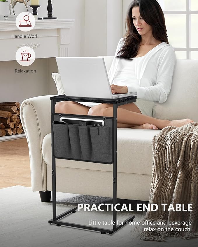 Vantic C Shaped End Table, Small Side Table for Couch and Recliner, Slide Under Sofa Tray Desk with Storage Bag for Living Room and Bedroom, Black