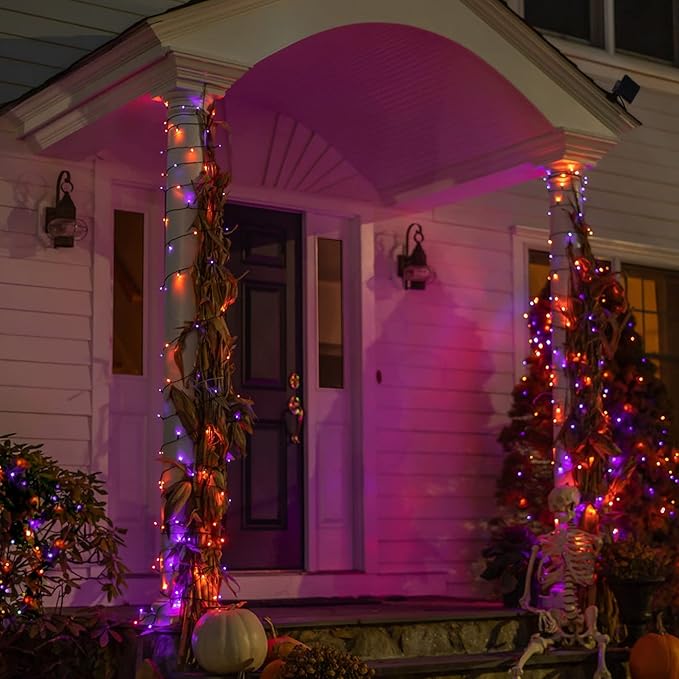 Dazzle Bright Halloween String Lights, 66FT 200 LED Connectable Black Wire 8 Modes String Lights, Waterproof Christmas Decorations for Indoor Outdoor Patio Party Holiday, Purple & Orange