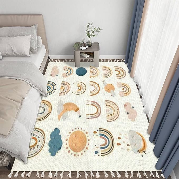 Boho Rug Hand Drawn Cute Rainbows Moon Sun Scandinavian Chic Area Washable Hallway Runner Meditation Mat Minimalist Home Decor for Living Room Bedroom Nursery Playroom Classroom, 3'x5