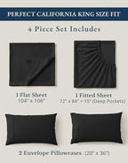 Lane Linen 100% Organic Cotton California King Sheets Set, 4-Piece Pure Organic Cotton Long Staple Percale Weave Ultra Soft Best Bedding Sheets for Bed, Breathable, Fits Mattress Upto 15" Deep - Black