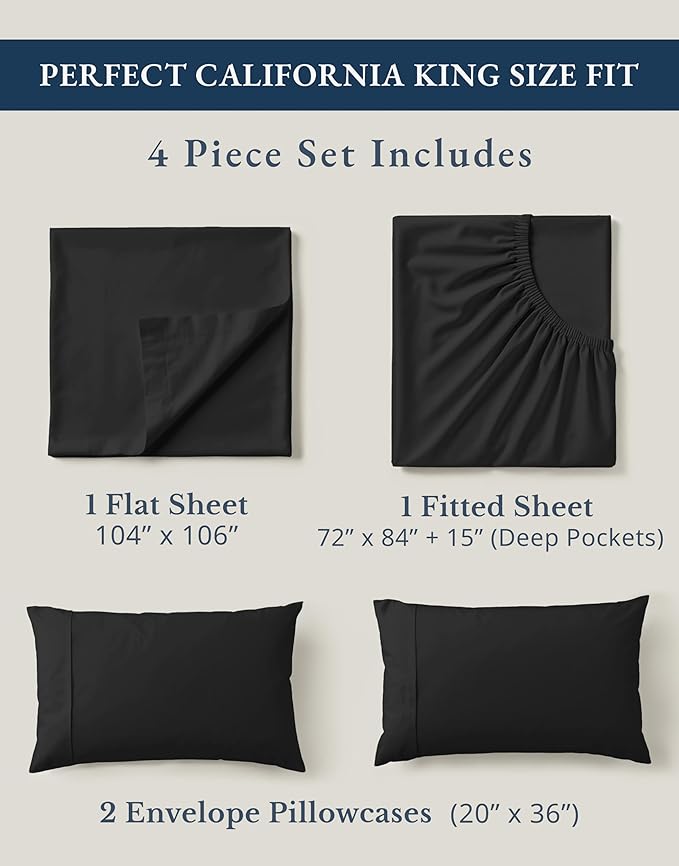 Lane Linen 100% Organic Cotton California King Sheets Set, 4-Piece Pure Organic Cotton Long Staple Percale Weave Ultra Soft Best Bedding Sheets for Bed, Breathable, Fits Mattress Upto 15" Deep - Black