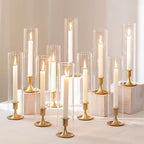 Romadedi Hurricane Candlestick Holders Gold - Taper Candle Holders Tall Clear Glass Cylinder for Wedding Table Centerpieces Party Decor Birthday Christmas Home Decorations Set of 2
