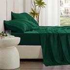 Love's cabin Satin Queen Sheets Set - 4 Piece Dark Green Silky Bed Sheets with Deep Pocket, Luxury Silk Feel Satin Queen Size Sheet Set (1 Flat Sheet,1 Fitted Sheet,2 Pillow Cases)
