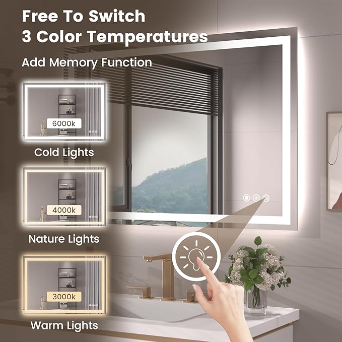 40"X30" LED Bathroom Mirror with Front Lights and Backlit, Anti-Fog, Dimmable, Shatter-Proof Tempered Glass, Lighted Bathroom Vanity Mirror for Wall with 3 Colors, Memory Function