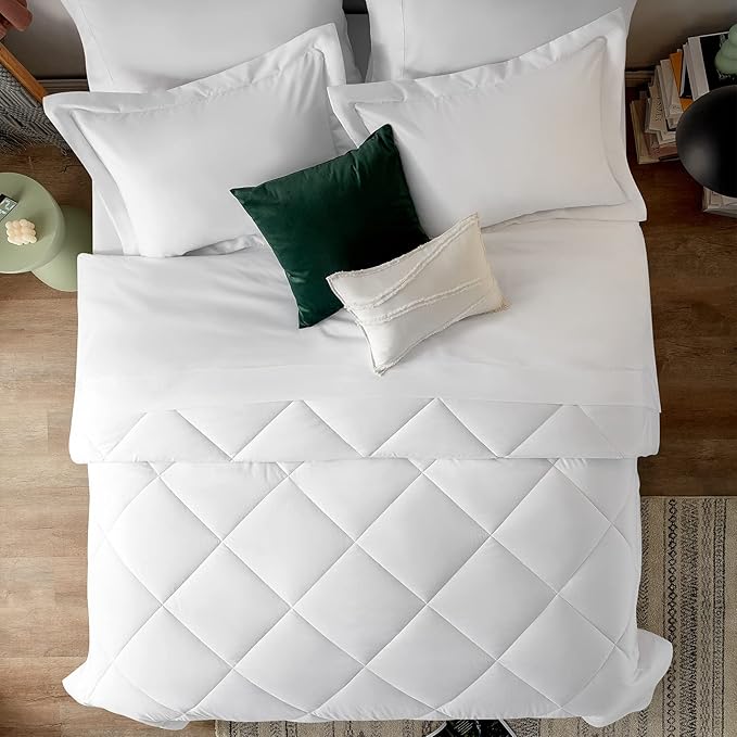CozyLux Queen Comforter Set White - Bed in a Bag Queen Size 7 Pieces, Luxury Soft Bed Set for All Seasons, Bedding Set with Down Alternative Comforter, Sheets, Pillowcases & Shams