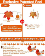 2 Pack Thanksgiving Decorations Fall Garland with Pumpkin Lights Fall Decorations for Home, Total 60 LED 20 Ft Maples Leaves Thanksgiving Lights Battery Operated Autumn Decor Indoor Outdoor Christmas