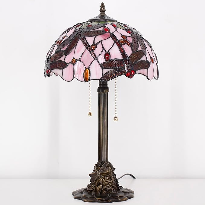 Tiffany Stained Glass Table Lamp 12X12X21Inch Resin Base Desk Bedroom Living Room Reading Light (Pink Dragonfly)
