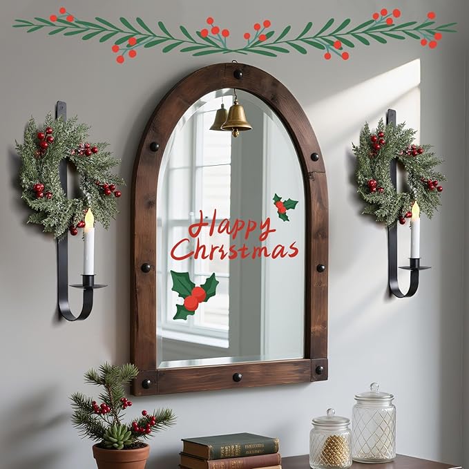 2 Set Christmas Metal Wall Candle Sconce Holder Wall Mount Candle Holder with Berry Wreath for Farmhouse Living Room Entryway Fireplace Bedroom Bathroom Decor, Only Applicable to LED Candles