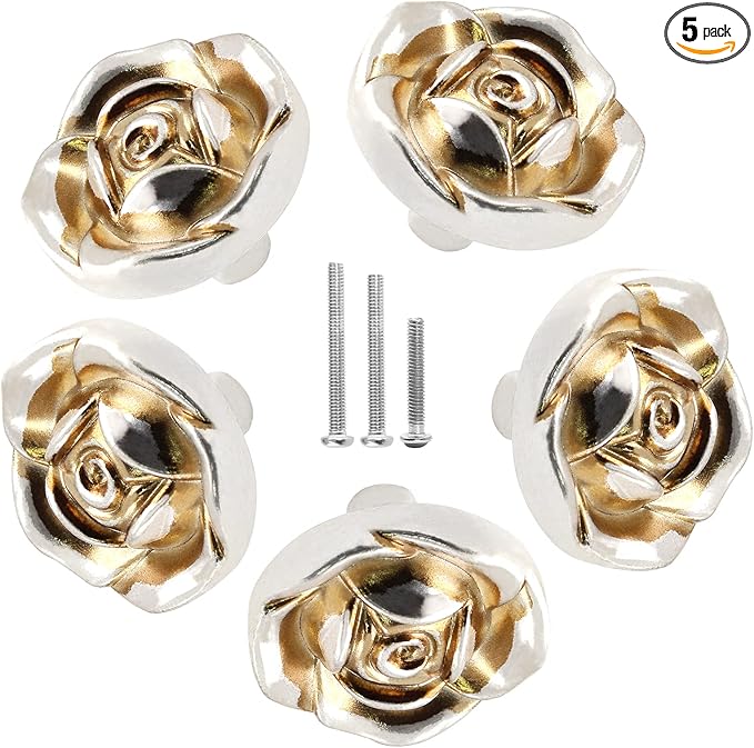 Uenhoy 5 Pcs Antique Silver Rose Drawer Knobs Vintage Dresser Knobs Zinc Alloy Rose Flower Cabinet Knobs for Dresser Vanity Nightstand Closet with Screws