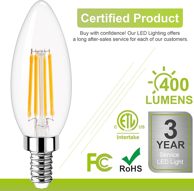 Dimmable Candelabra LED Light Bulb 40W Equivalent, E12 Chandelier Light Bulbs Warm White 3000K , 400LM, CRI 85+, B11 Type B Ceiling Fan Bulb 4W, Clear Filament Candle Light Bulbs Small Base, 10 Pack