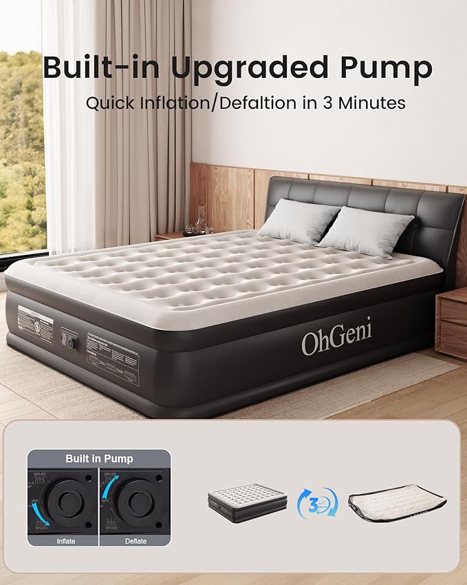 OhGeni Cal King Air Mattress with Built in Pump, 18" Tall Inflatable Blow Up Bed, Luxury Comfort for People(190CM Height), Keep Feet from Dangling, Foldable & Portable Colchon inflables, Black