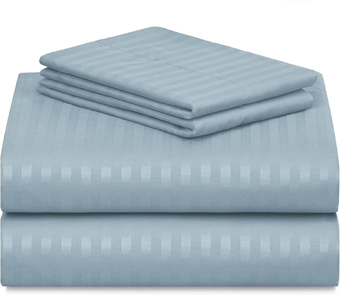 LuxClub 4 PC Queen Size Sheet Set Bed Sheets, Breathable Luxury Deep Pockets 16" Wrinkle Free Cooling Sheets Machine Washable Hotel Bedding (Queen, Striped Light Blue)