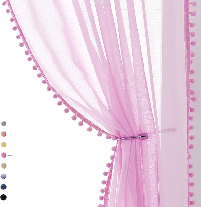 Treatmentex Pom-Pom Sheer Curtains for Bedroom 84 inches Linen Textured Look Pink Sheer Window Draperies for Girl's Room, 52" w x 2 Panels, Red, Rod Pocket