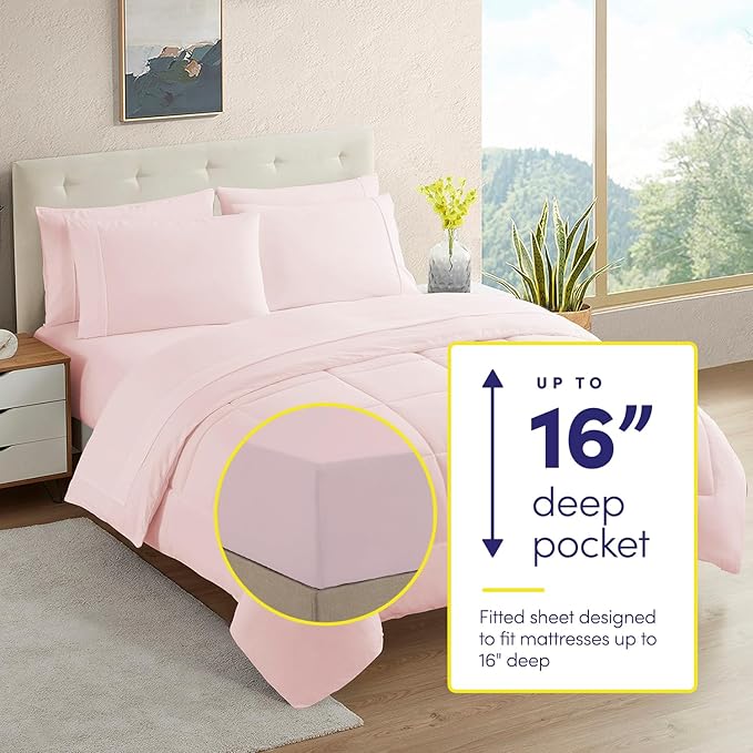 Sweet Home Collection 7 Piece Comforter Set Bag Solid Color All Season Soft Down Alternative Blanket & Luxurious Microfiber Bed Sheets, Pale Pink, Full