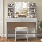 usikey Vanity Desk, Makeup Vanity Table with 10 LED Light Bulbs, Vanity Table, Vanity Desk Set with 2 Drawers, 6 Storage Shelves & Cushioned Stool for Women Girls, Bedroom, Grey