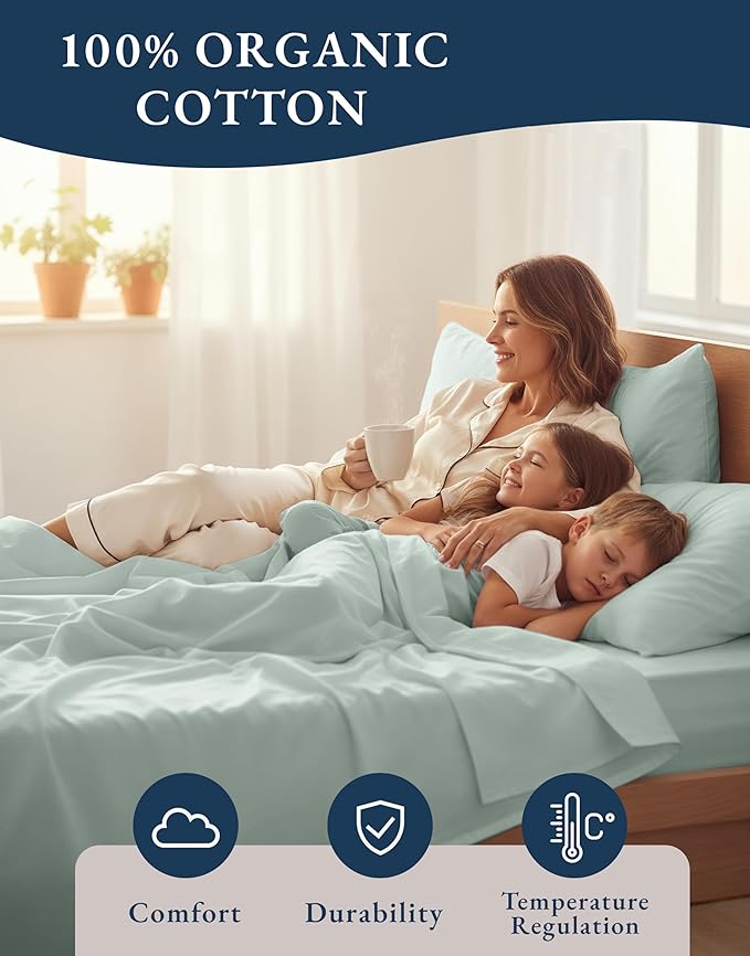 LANE LINEN 100% Organic Cotton Twin Bed Sheet Set, Soft & Comfy Low Pill Fade Resistant Machine Wash Reinforsed French Seam Sustainably Produced Eco Friendly Sábanas Twin- Cool Blue
