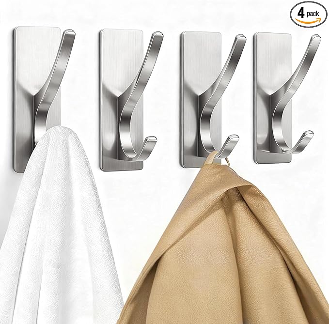 pickpiff Self Adhesive Coat Hooks for Hanging: Heavy Duty Stainless Wall Hook for Towel, Backpack, Hat, Sturdy Metal Hanger for Bathroom, Bedroom, Door, Brushed Nickel 4 Pack