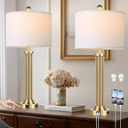 28" Tall Modern Table Lamps Set of 2 with USB C+A Ports and AC Outlet, 3 Way Touch Metal Bedside Lamps for Living Room, Gold Nightstand Lamps for Bedroom