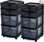 HOMZ 2-Pack Drawer Tower, 4-Tier Clear Plastic Storage Organizer Cart, Black Tint and Frame - Organizing Containers with Wheels for Home, Bathroom, Bedroom, Office, and Classroom