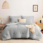 CozyLux King Size Comforter Set Light Grey Seersucker 7 Pieces Bed in a Bag King Comforter Set with Sheets, Luxury Bedding Set with Down Alternative Comforter, Sheets, Pillowcases & Shams All Seasons
