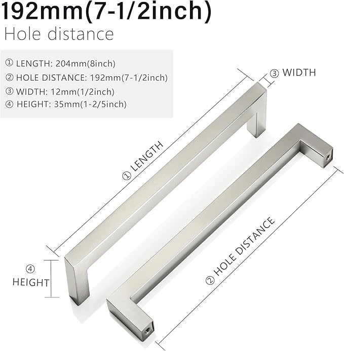Cabinet Pulls Brushed Nickel Cabinet Handles Square Drawer Pulls, 5 Pack 7-1/2 Inch Stainless Steel Kitchen Door Cupboard Cabinet Handles, Cabinet Hardware Drawer Handles, 192mm Hole Centers