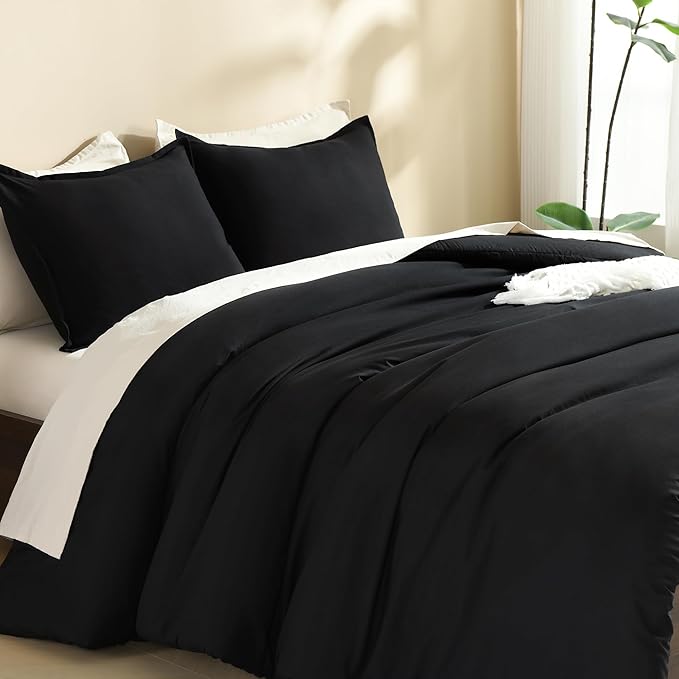 Litanika Comforters Black Oversized Queen Size, 3 Pieces Lightweight Solid Bedding Comforter Set, All Season Fluffy Bed Set (98x98In Comforter & 2 Pillowcases)