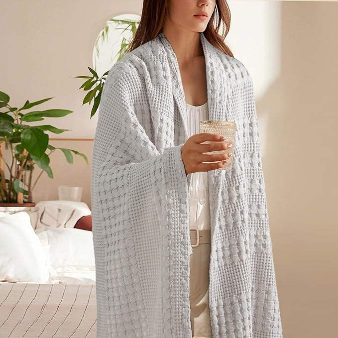 PHF 100% Cotton Waffle Weave Throw Blanket, Soft Lightweight Breathable Cozy Throws for Couch Bed Sofa, Luxury Aesthetic Woven Blanket for Home Decor & Office, 50"x60", Light Grey