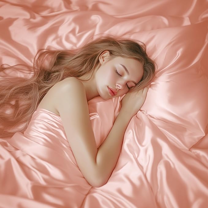 Love's cabin Twin XL 3Pc Satin Sheet Set, Coral Silky Satin Bed Sheets with Deep Pockets, Luxury Silk Feel, Envelope Closure