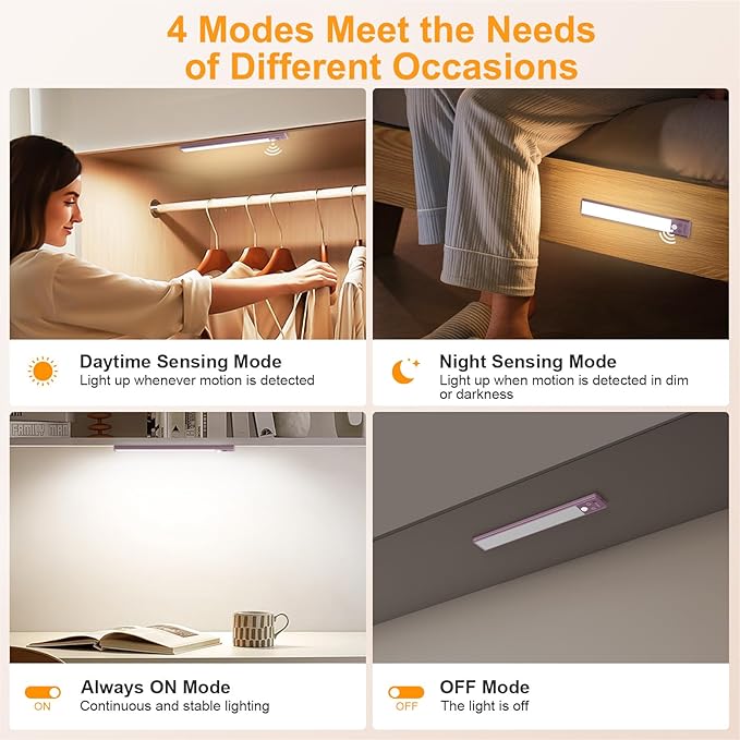 Gritin 10.2inch Under Cabinet Lighting Rechargeable -84 LED Super Bright,3-Color& 5 Level Brightness,4 Modes,Motion Sensor, Long Lasting- Easy Installation Magnetic Closet Lights -2 Pack-Mauve