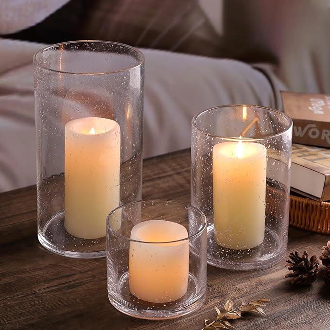 Large Hurricane Candle Holder Set of 3 Clear Candle Holders for Pillar Candles, Seeded Bubbles Glass Candle Holder for Table Centerpiece, Glass Cylinder Vases for Home, Patio and Wedding 10" 7" 4" H
