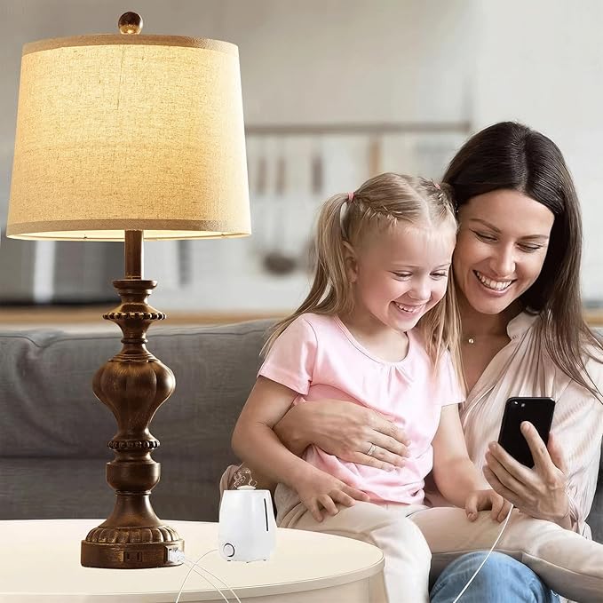 27.5" Farmhouse Table Lamps Set of 2 Bedside Nightstand Lamp with USB C+A Ports & AC Outlet, 3 Way Dimmable Touch Lamps for Bedroom Living Room Office Rustic Lamp (Rotary Switch-Copper)