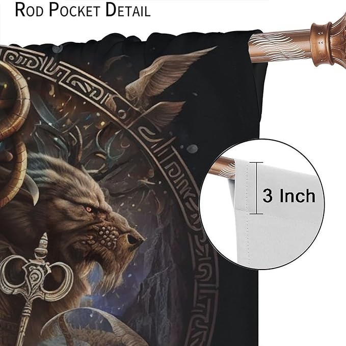 Cool Norse Viking Theme Curtains,Fantasy Ancient Symbols Wildlife Wolf Nordic Vikings Window Drapes Thermal Insulated Rod Pocket Blackout Drapes for Bedroom 2 Panels 63L x 31.5W