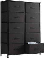 Sweetcrispy Dresser, Tall Dresser for Bedroom, Drawer Dresser Organizer Storage Drawers with 10 Drawers, Chest of Drawers with Fabric Bin, Steel Frame, Wood Top for Bedroom, Closet, Entryway