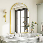 VooBang Arched Wall Mirror, 30 x 38 inch Arch Bathroom Mirror, Wall Mounted Vanity Mirror with Arch Metal Frame, Modern Bathroom Vanity Mirror for Bedroom, Living Room, Hanging or Leaning, Gold