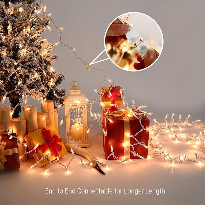 ODEETRONIC Incandescent Christmas Lights, 21.63ft 100 Count Clear Christmas Mini Lights Connectable, 120V UL Certified Indoor Warm White String Lights for Bedroom Party Patio Outside Decor, White Wire