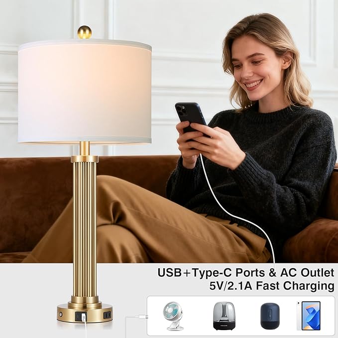 28" Tall Modern Table Lamps Set of 2 with USB C+A Ports and AC Outlet, 3 Way Touch Metal Bedside Lamps for Living Room, Gold Nightstand Lamps for Bedroom