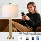 28" Tall Modern Table Lamps Set of 2 with USB C+A Ports and AC Outlet, 3 Way Touch Metal Bedside Lamps for Living Room, Gold Nightstand Lamps for Bedroom