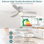 Sofucor 52 Inch Smart Ceiling Fans with Lights-Flush Mount Low Profile Modern Outdoor Solid Wood Ceiling Fans with Alexa/Google Assistant/APP/Remote Control for Bedroom/Farmhouse/Patio, Silver Grey