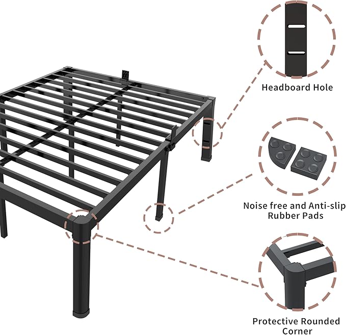 ROIL 14 inch Full Size Bed Frame with Headboard Hole and Round Corner Legs Mattress Retainers 3500LBS Heavy Duty Steel Slats No Box Spring Needed Platform Noise-Free Underneath Storage