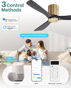Sofucor 52 Inch Smart Ceiling Fan Without Lights Flush Mount Solid Wood Ceiling Fan with Alexa/Google Assistant/APP/Remote Control-Modern Outdoor Ceiling Fans No Light for Bedroom/Patio, Black Gold