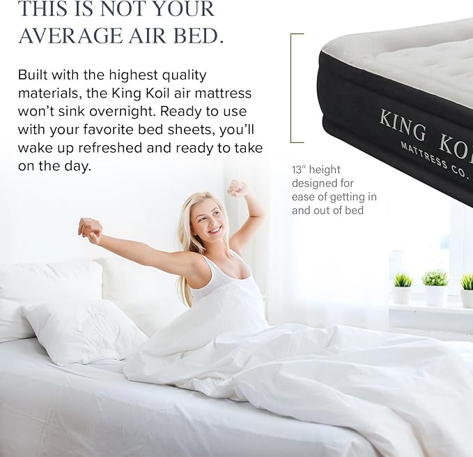 King Koil Full Size Plush Pillow Top Inflatable Air Mattress with Built-in Pump High-Speed Pump for Home, Camping, Guests, Luxury Double High Adjustable Blow Up Bed, Waterproof, 1-Year Warranty.