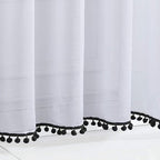 Treatmentex White Sheer Curtains Black Pompoms 63" inches Long Window Draperies for Boy's Room Bed Canopy 2 Panels Rod Pocket