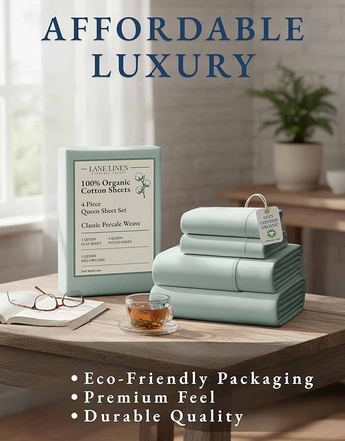 LANE LINEN 100% Organic Cotton Queen Sheets, Fully Elasticized Soft & Comfy Classic Percale Weave, Low Pill Fade Resistant Machine Washable Sheet & Pillowcase Sets, 15" Deep Pocket- Cool Blue
