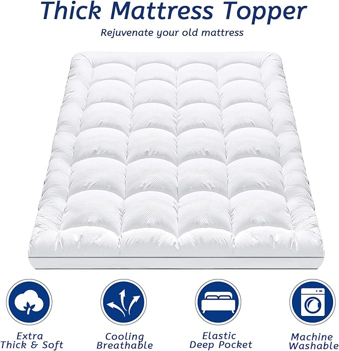 Full XL Size Mattress Topper for Back Pain, Cooling Extra Thick Mattress Pad Cover with 8-21 inch Deep Pocket, Plush Pillow Top Mattress Topper Overfilled with Down Alternative, Full Extra Long, White