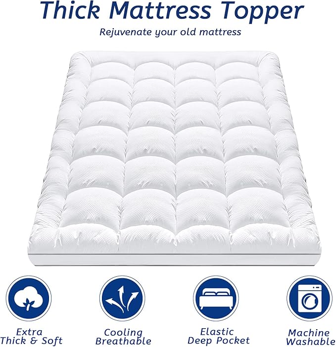 King Size Mattress Topper for Back Pain, Cooling Extra Thick Mattress Pad Cover with 8-21 inch Deep Pocket, Plush Pillow Top Mattress Topper Overfilled with Down Alternative, King Size, White