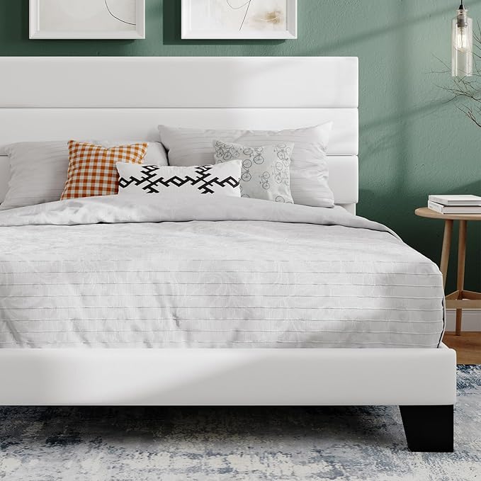 SHA CERLIN Queen Platform Bed Frame with Velvet Upholstered Headboard, Mattress Foundation with Strong Wooden Slats Support, No Box Spring Needed, White